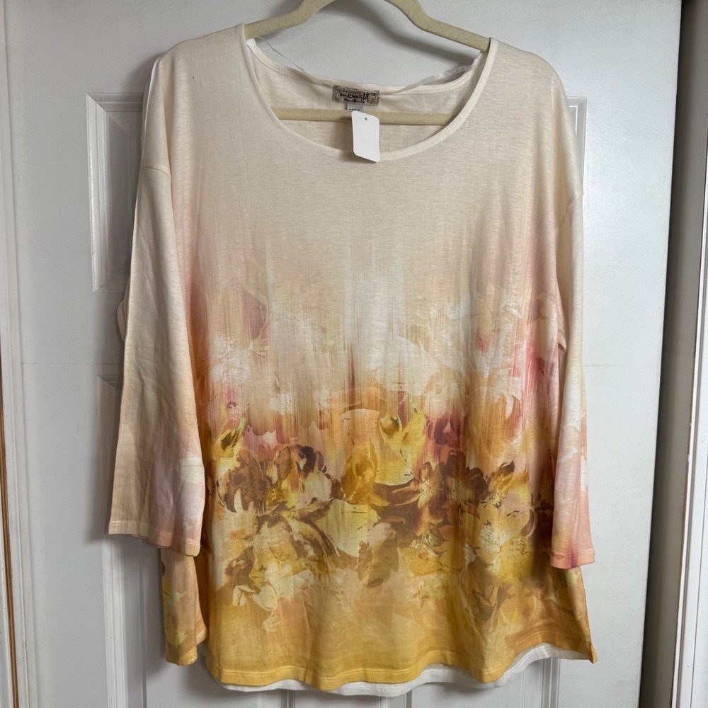 One World Live and Let Live Womens 1X Floral Abstract Tunic Top Cream Yellow 3/4